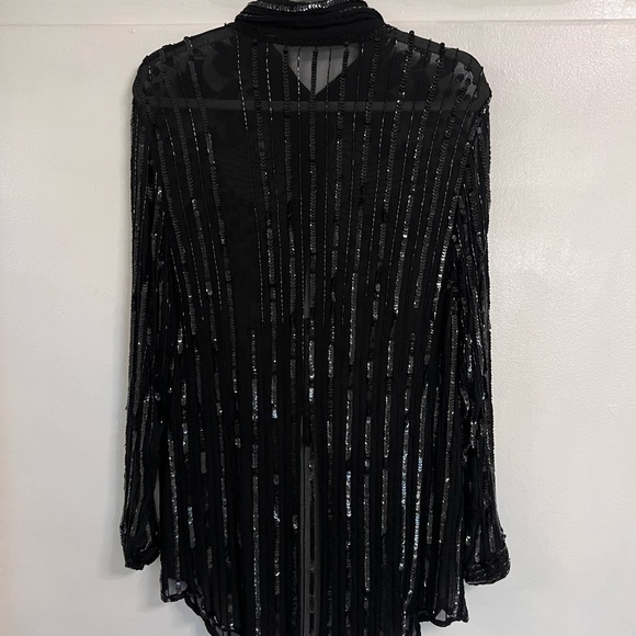 Frank Usher Design Black Beaded Sheer Button-Front Blouse - Picture 2 of 9
